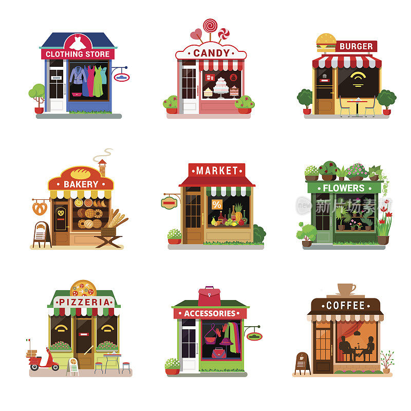 Flat style set tiny micro icon shop shop showcase front window entrance door web app game vector。服装，时尚，糖果，汉堡，面包店，杂货店，市场，花，披萨，披萨配件，咖啡，咖啡馆。